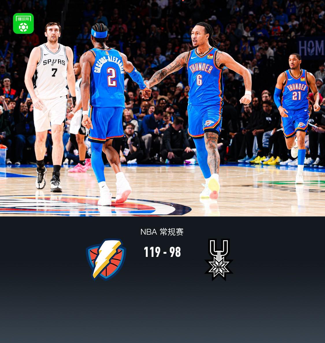 雷霆119-98复仇马刺，亚历山大34+5+5，文班17分7板